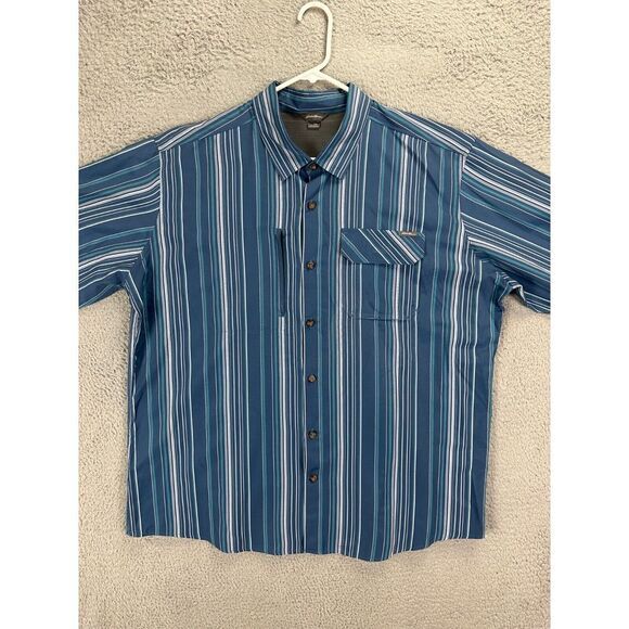 Eddie Bauer Shirt Mens 2XL Blue Barcode‎ Striped Button Up Long Sleeve Pockets - Picture 1 of 9